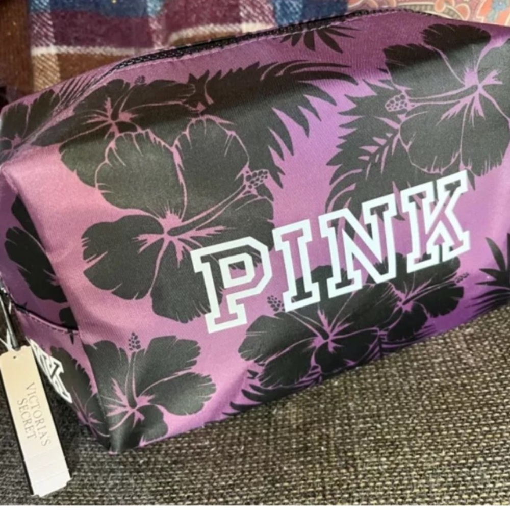 Victoria's Secret PINK Black and Purple Hibiscus Make up Bag
